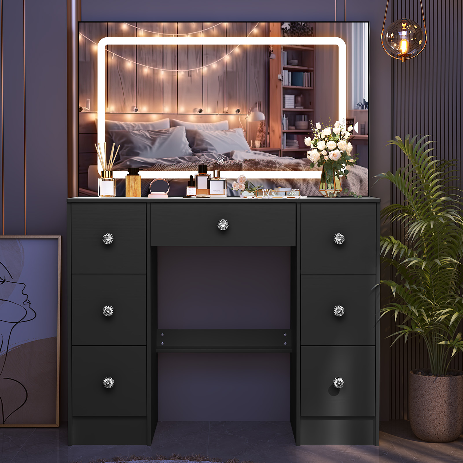 Meja Rias Hitam dengan Cermin  - Home Decor Lighting Brands ulasan dan harga